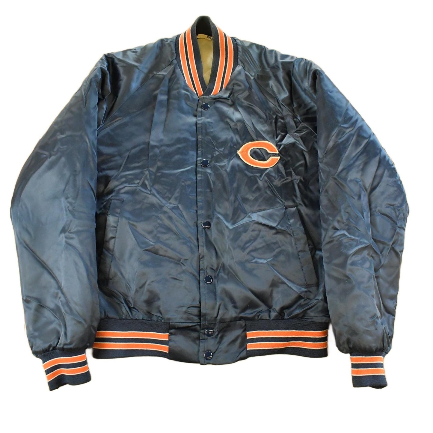 Vintage 1980s Chicago Bears NFL Satin Snap Button Bomber Jacket Men's Medium from propervintagecanada