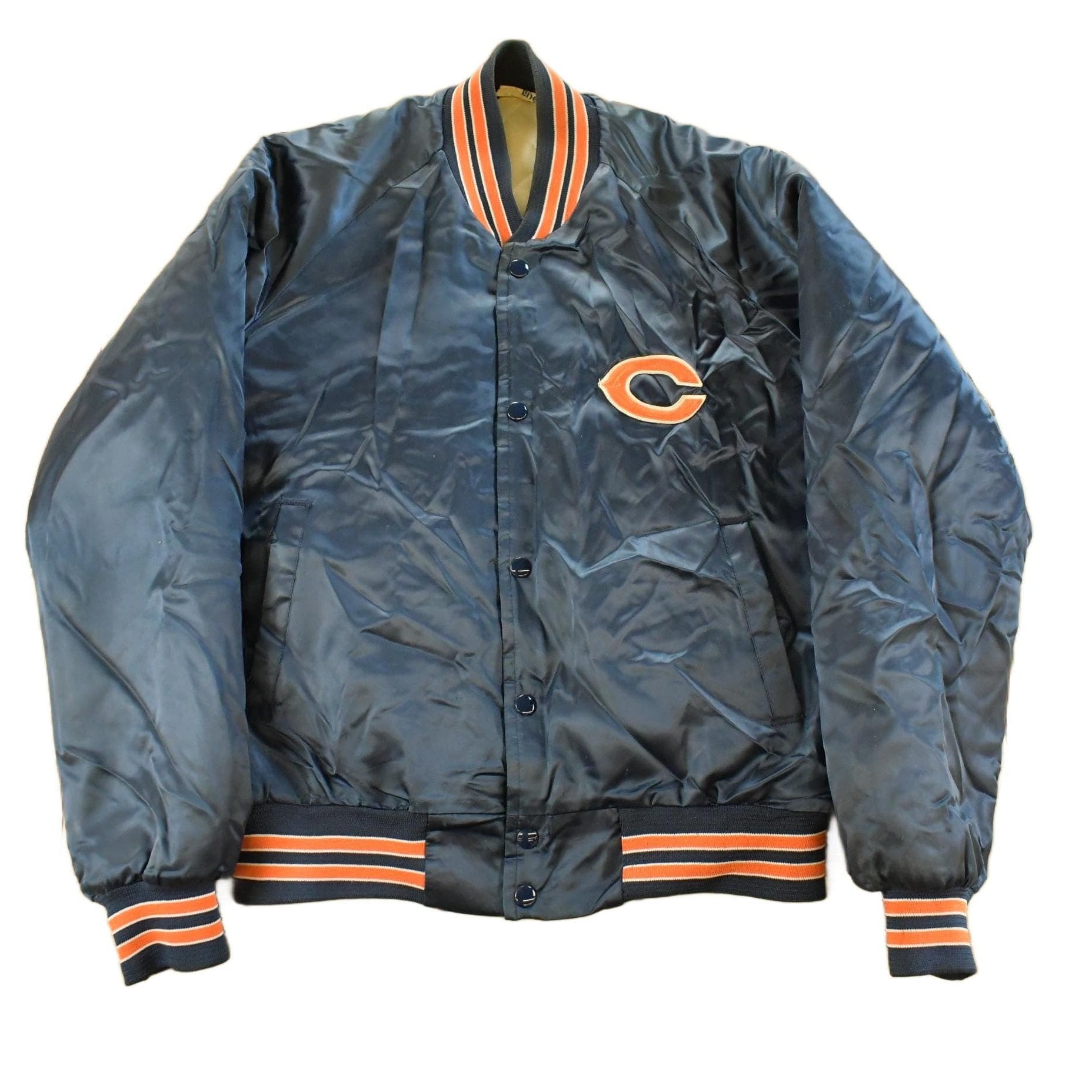 Vintage 1980s Chicago Bears NFL Satin Snap Button Bomber Jacket Men's Medium from propervintagecanada