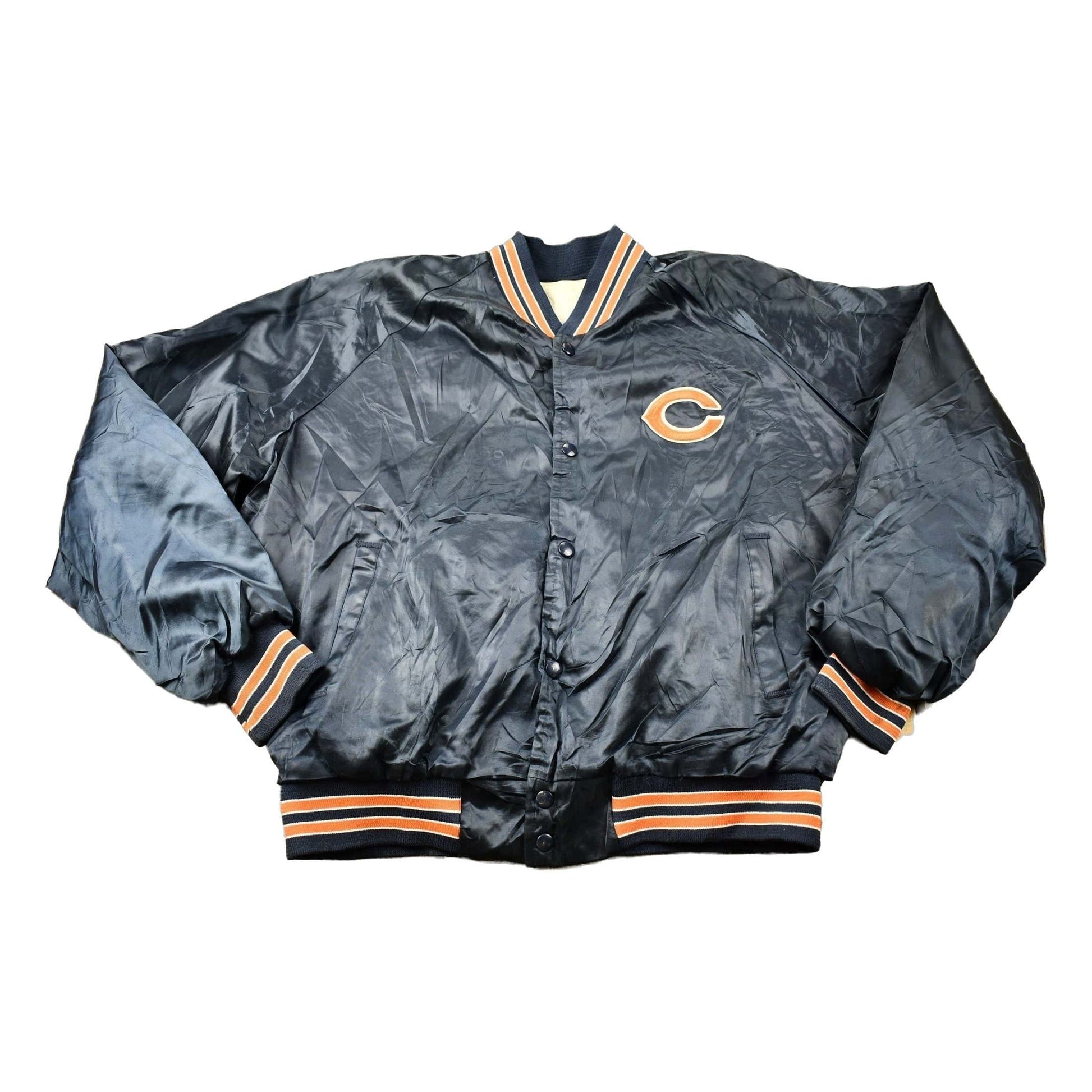 Vintage 1980s Chicago Bears NFL Satin Snap Button Bomber Jacket Men's XL from propervintagecanada