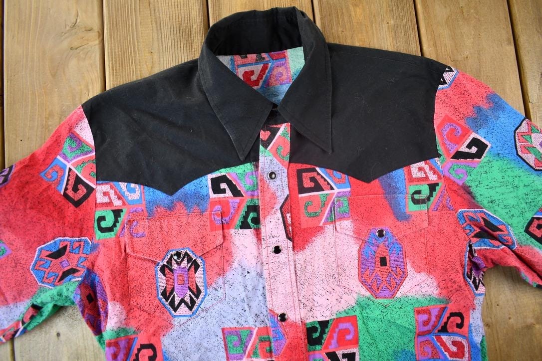 Vintage 1980s Colourful Aztec Pattern Button Up Shirt Men's Large from propervintagecanada