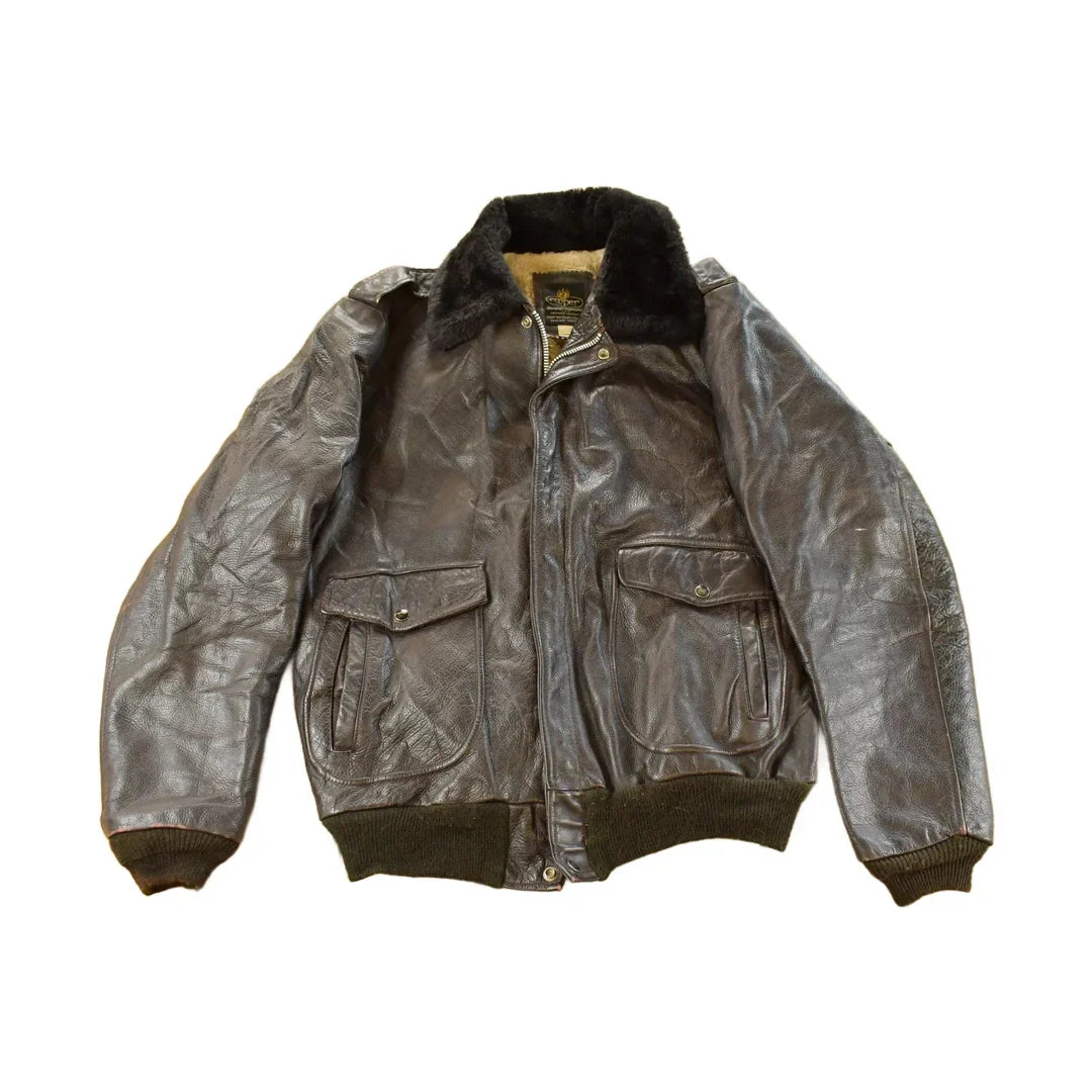 Vintage 1980s Cooper Shearling Fur Lined Leather Bomber Flight Jacket Men's XL from propervintagecanada