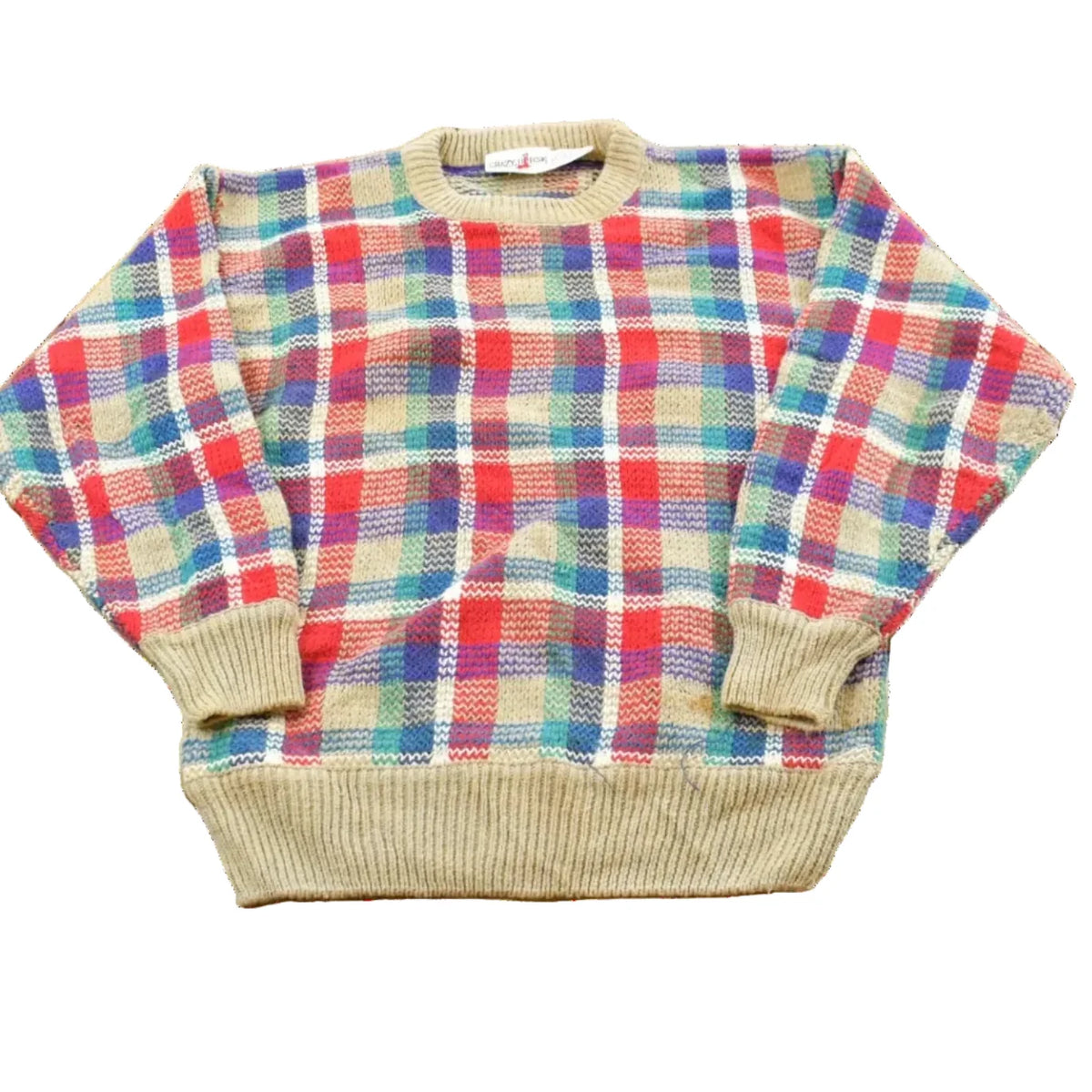 Vintage 1980s Crazy Horse Knit Plaid Crewneck Sweater Men's XS from propervintagecanada