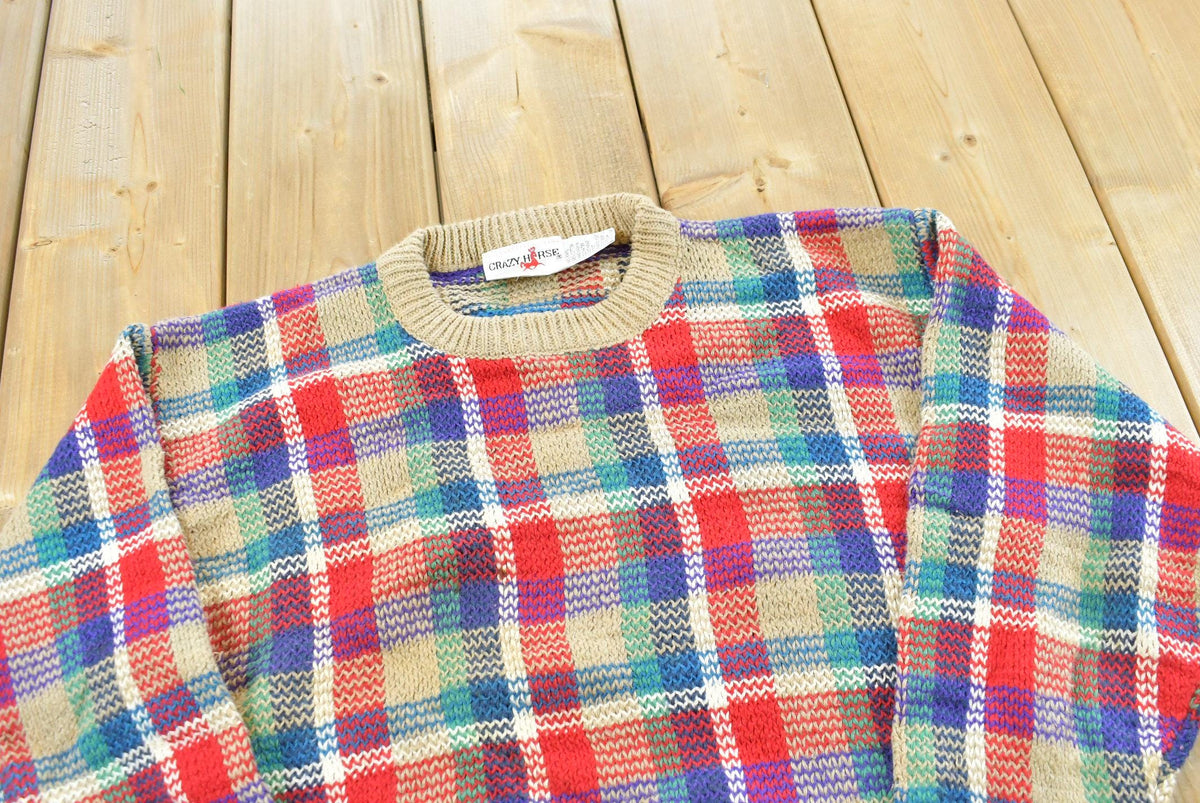 Vintage 1980s Crazy Horse Knit Plaid Crewneck Sweater Men's XS from propervintagecanada