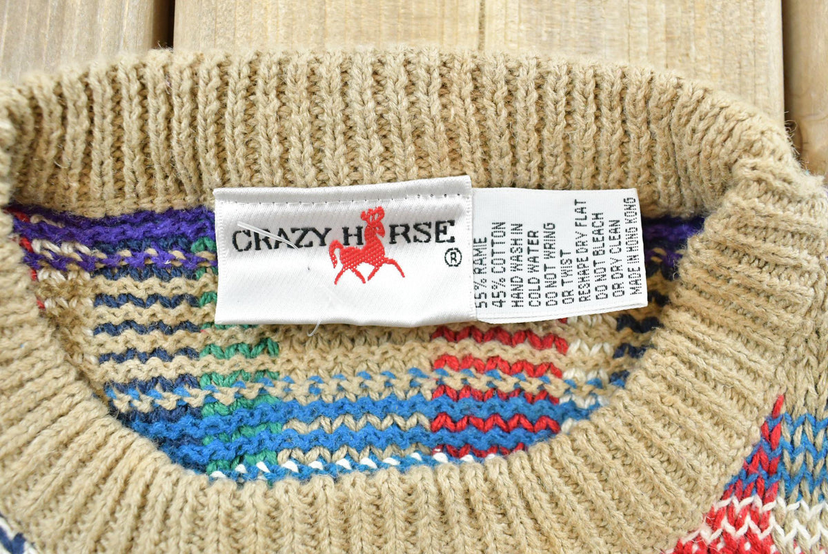 Vintage 1980s Crazy Horse Knit Plaid Crewneck Sweater Men's XS from propervintagecanada