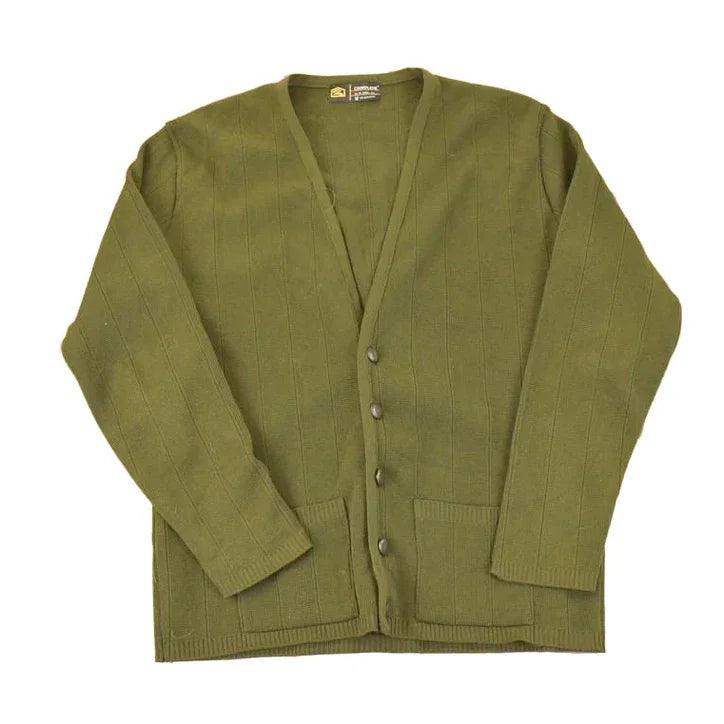 Vintage 1980s Crimplene Olive Cardigan Sweater Mens L from propervintagecanada