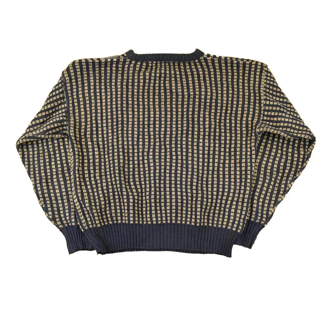 Vintage 1980s Desonos Leatherette Patch Abstract Knit Crewneck Sweater Mens M from propervintagecanada