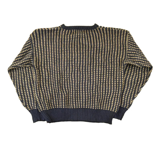 Vintage 1980s Desonos Leatherette Patch Abstract Knit Crewneck Sweater Mens M from propervintagecanada