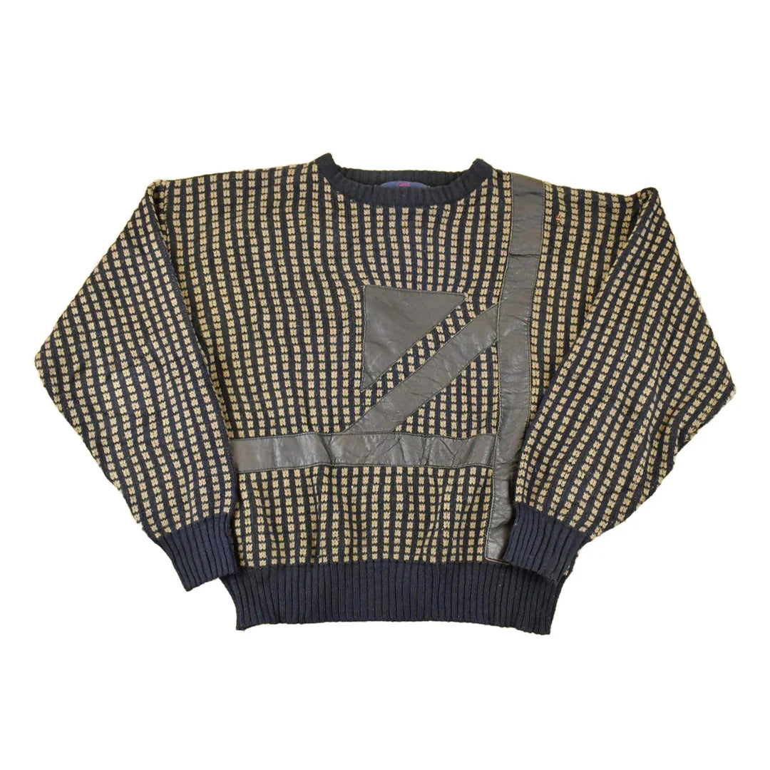 Vintage 1980s Desonos Leatherette Patch Abstract Knit Crewneck Sweater Mens M from propervintagecanada