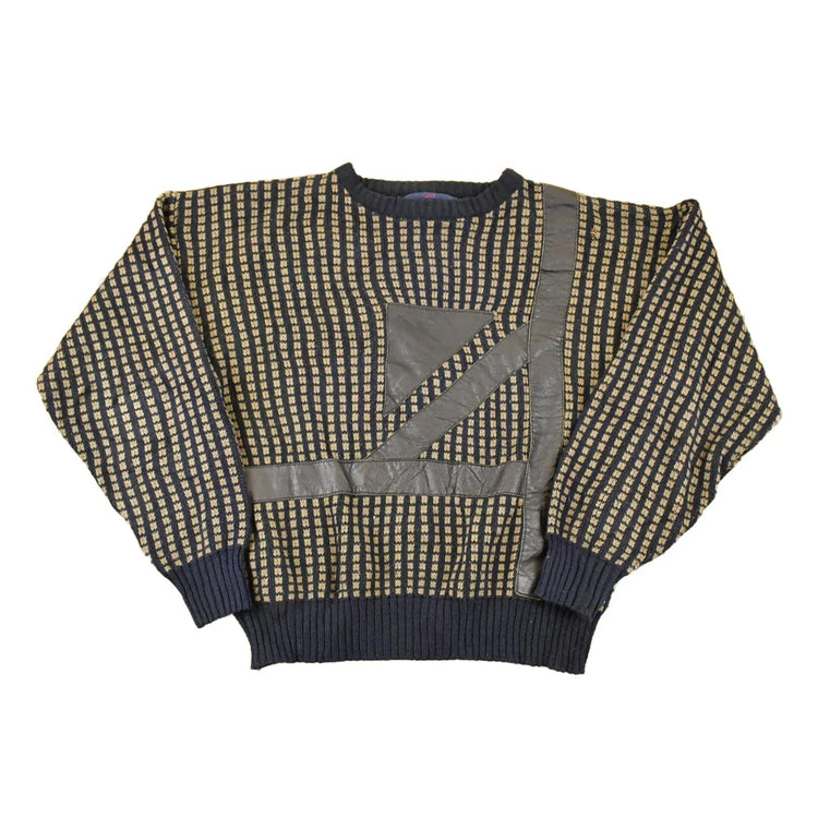 Vintage 1980s Desonos Leatherette Patch Abstract Knit Crewneck Sweater Mens M from propervintagecanada
