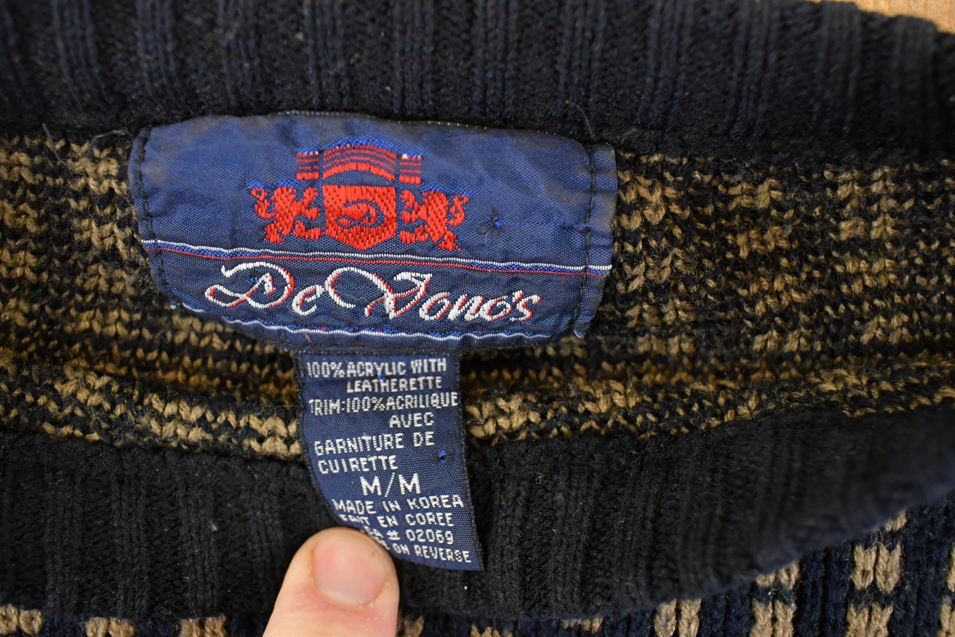 Vintage 1980s Desonos Leatherette Patch Abstract Knit Crewneck Sweater Mens M from propervintagecanada