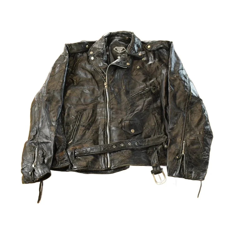 Vintage 1980s Diamond Plate Buffalo Leather Biker Motorcycle Jacket Men's 2XL from propervintagecanada