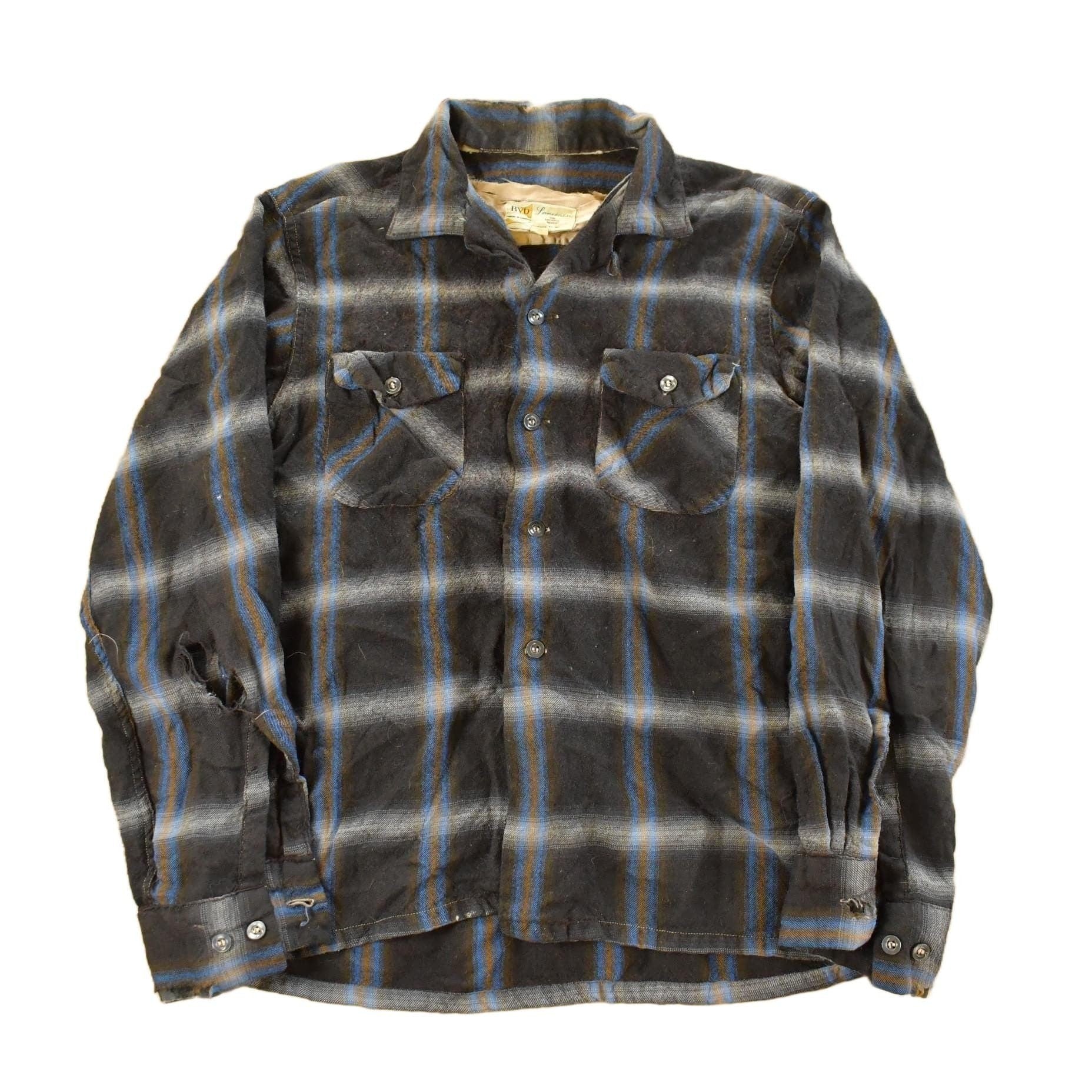Vintage 1980s Distressed BVD Lanerossi Plaid Wool Flannel Button Up Shirt Men's M from propervintagecanada