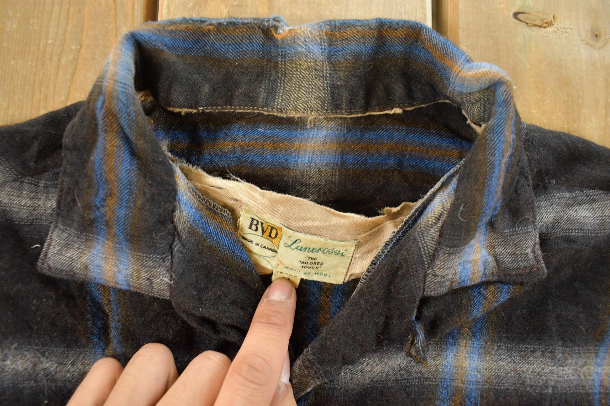 Vintage 1980s Distressed BVD Lanerossi Plaid Wool Flannel Button Up Shirt Men's M from propervintagecanada