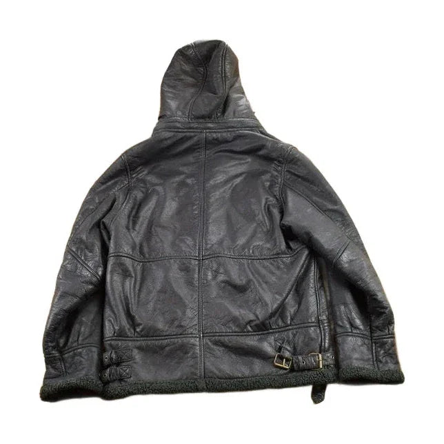 Vintage 1980s Dona Black Leather Hooded Flight Jacket Men's Large from propervintagecanada