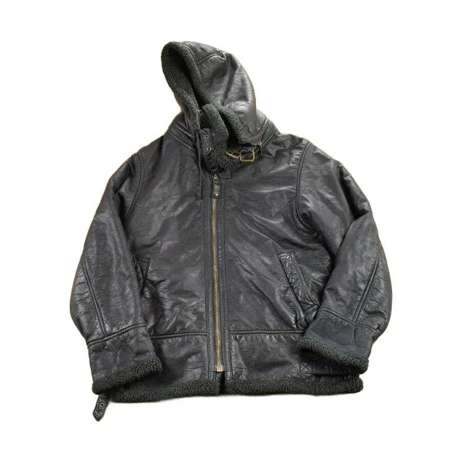 Vintage 1980s Dona Black Leather Hooded Flight Jacket Men's Large from propervintagecanada