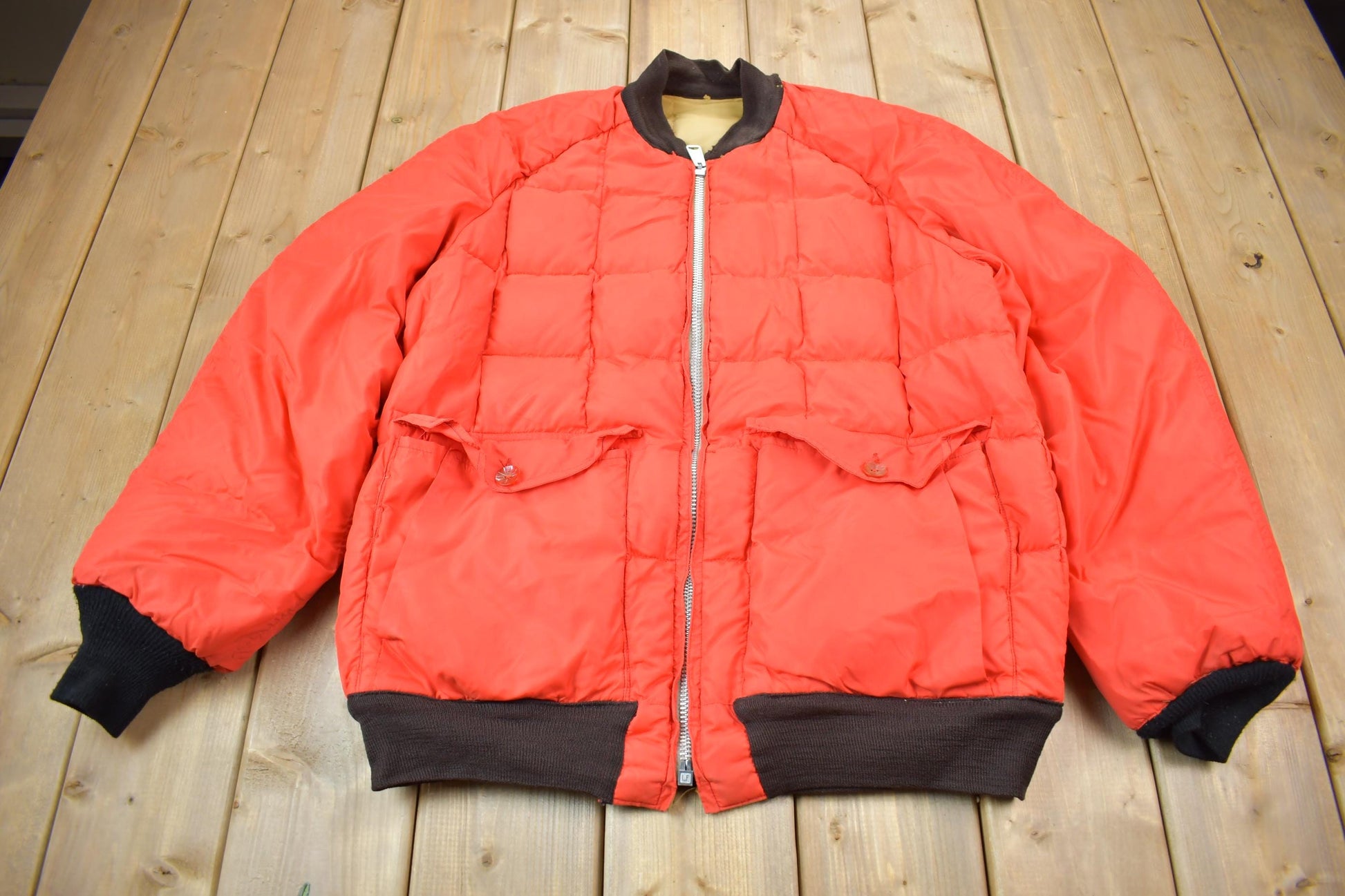 Vintage 1980s Falcon Brand Woods Reversible Goose Down Bomber Jacket Made In Canada Men's Large from propervintagecanada