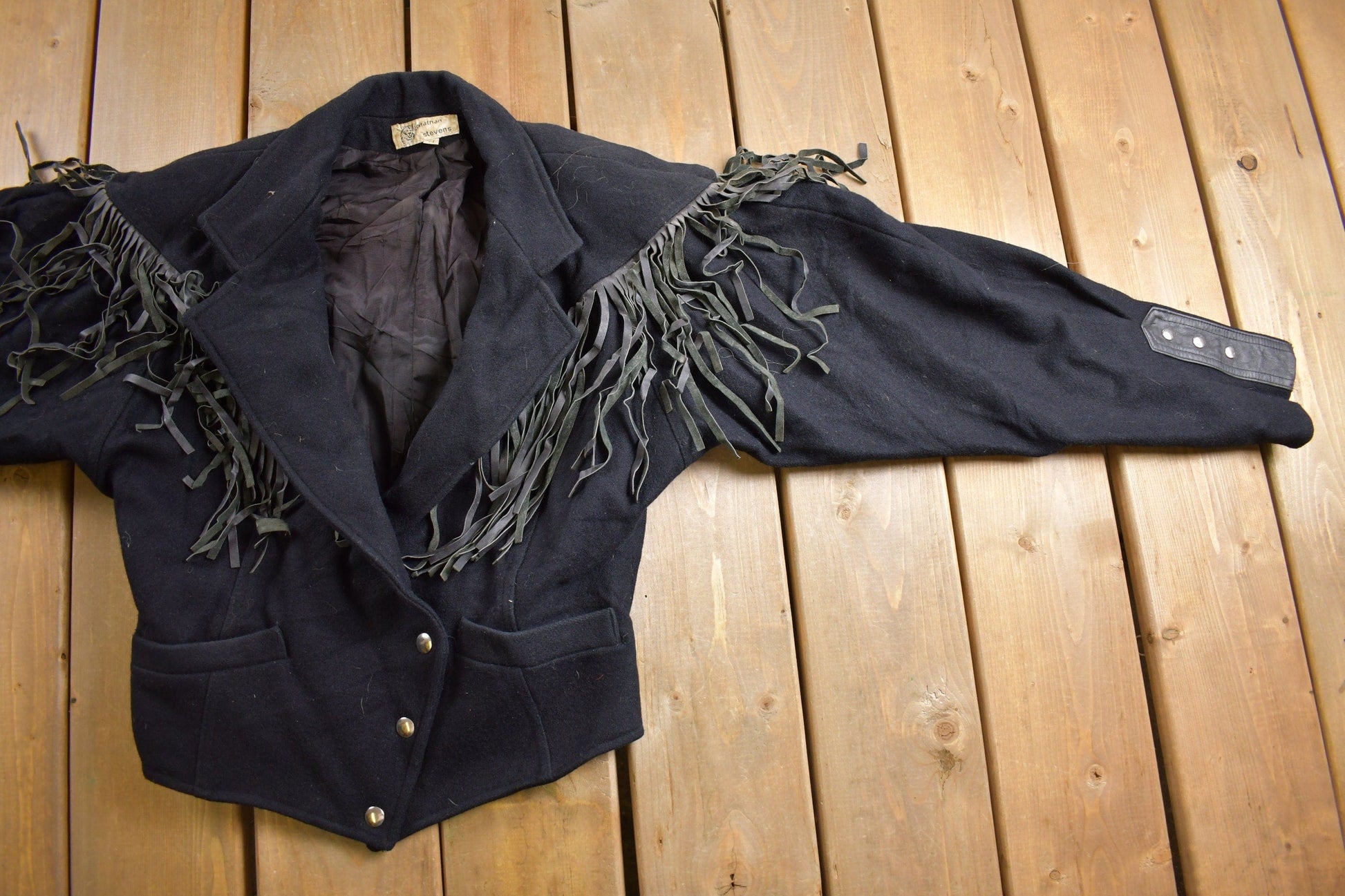 Vintage 1980s G4000 Wool And Leather Johnathan Stevens Western Fringe Jacket Women's S from propervintagecanada