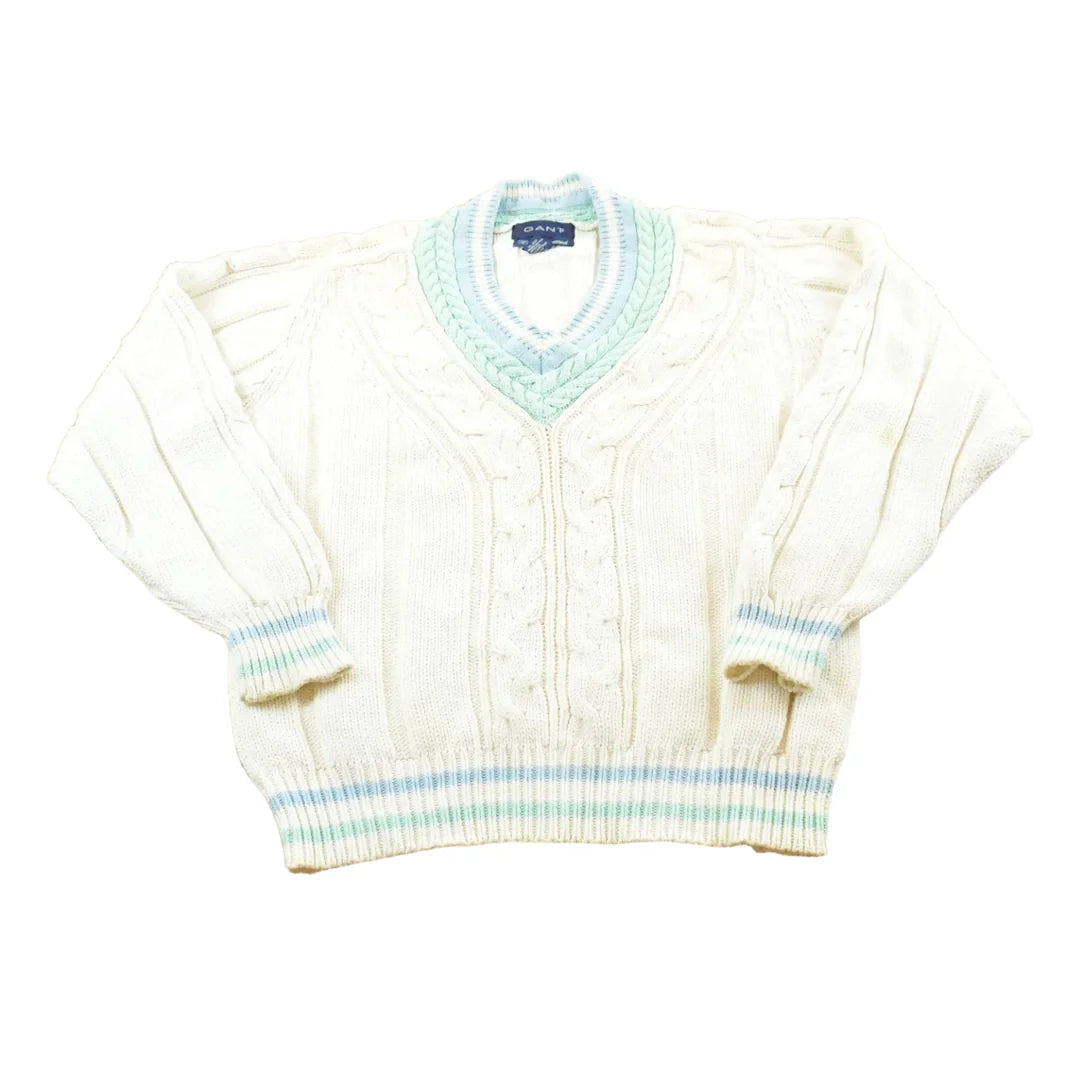 Vintage 1980s Gant Hand Framed Cable Knit Cotton Knit V-neck Sweater Mens from propervintagecanada