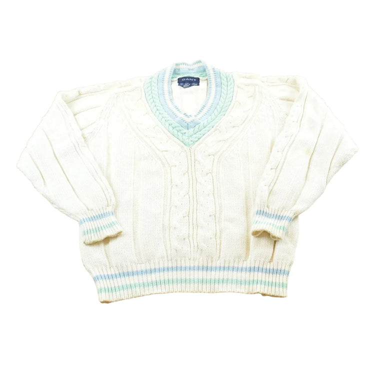 Vintage 1980s Gant Hand Framed Cable Knit Cotton Knit V-neck Sweater Mens from propervintagecanada