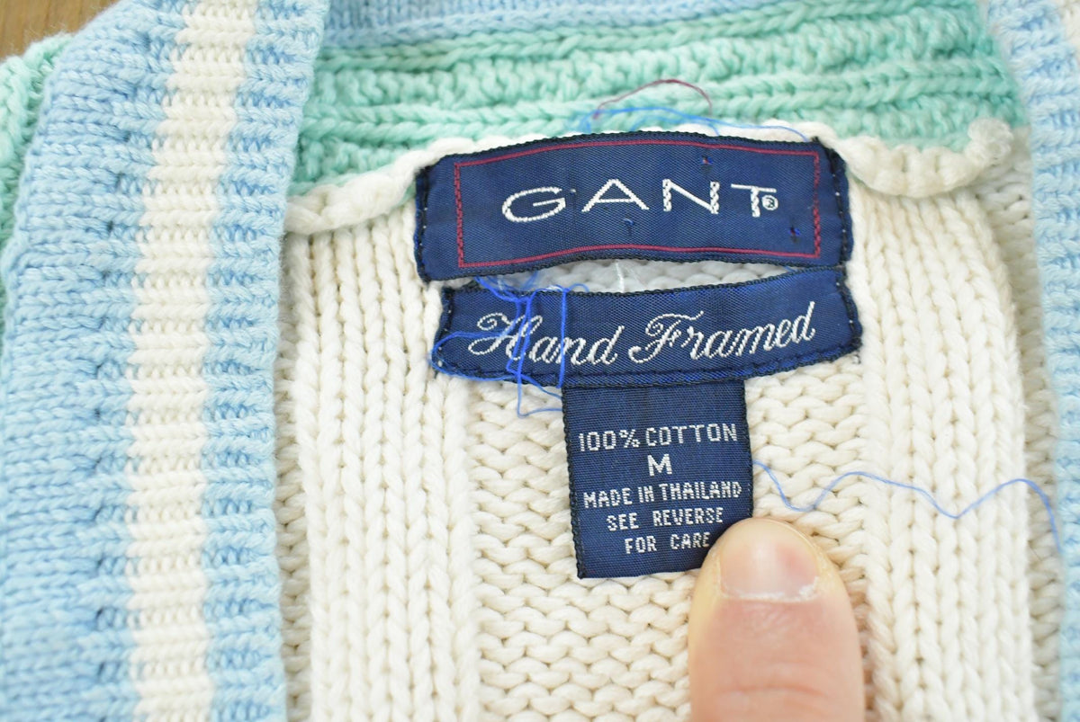 Vintage 1980s Gant Hand Framed Cable Knit Cotton Knit V-neck Sweater Mens from propervintagecanada