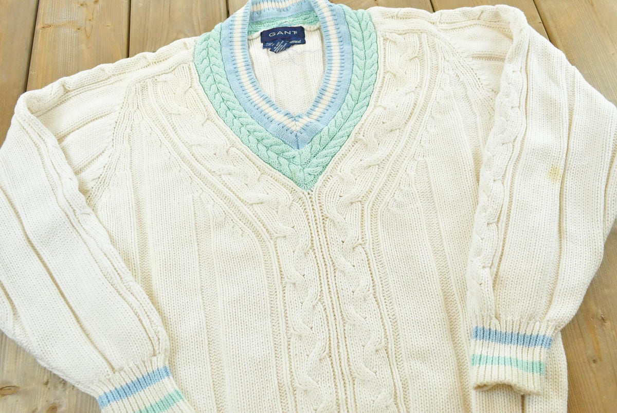 Vintage 1980s Gant Hand Framed Cable Knit Cotton Knit V-neck Sweater Mens Men's Medium from propervintagecanada