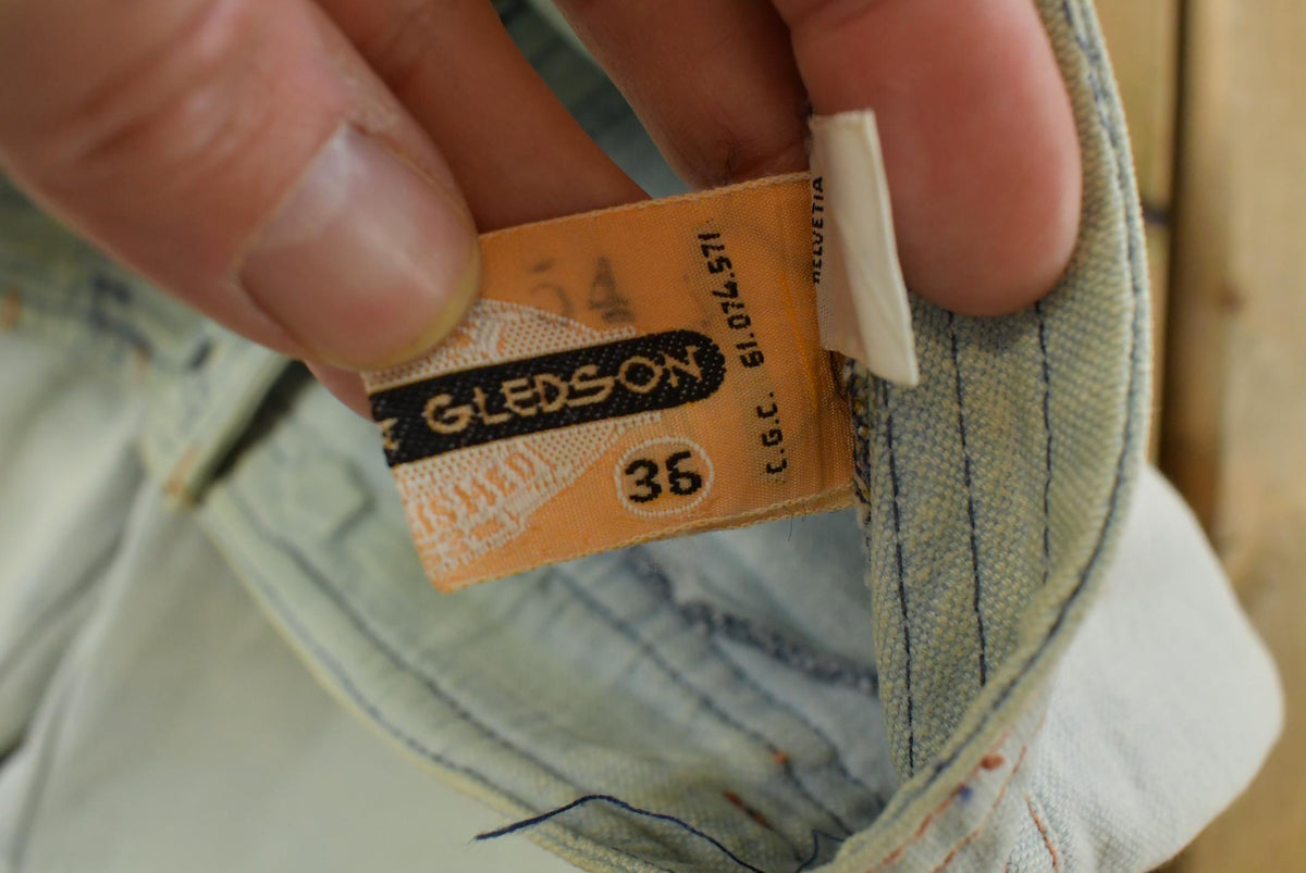Vintage 1980s Gledson Bell Bottom Denim Light Wash Blue Jeans Men's 27 x 31 from propervintagecanada
