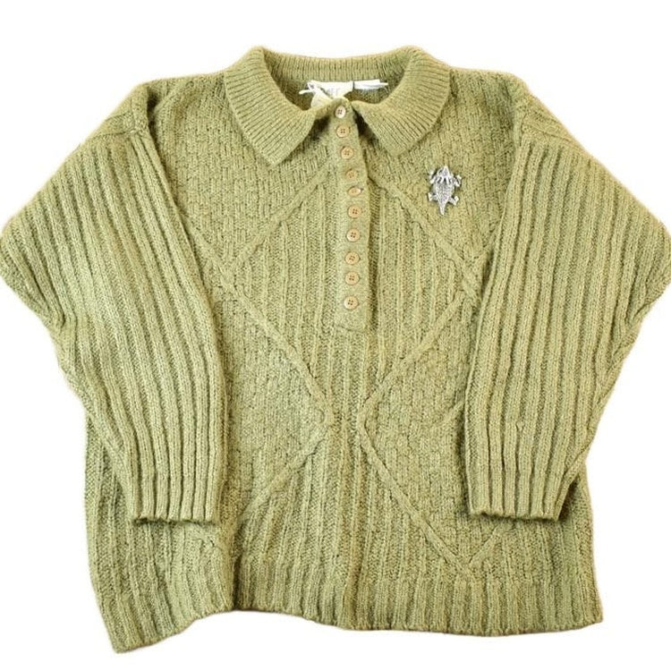 Vintage 1980s Graffiti Olive Cable Knit Quarter Button Collared Sweater Womens L from propervintagecanada