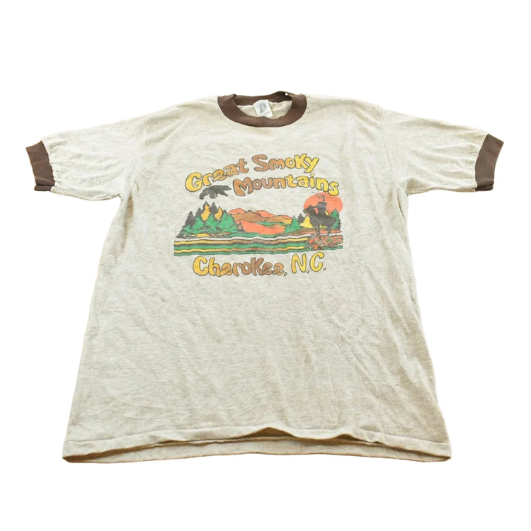 Vintage 1980s Great Smoky Mountains Cherokee North Carolina Ringer T-Shirt Mens M from propervintagecanada