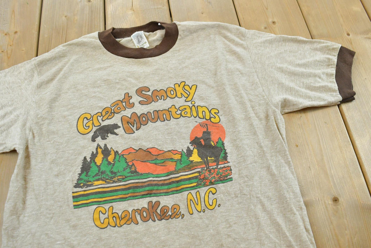 Vintage 1980s Great Smoky Mountains Cherokee North Carolina Ringer T-Shirt Mens M from propervintagecanada