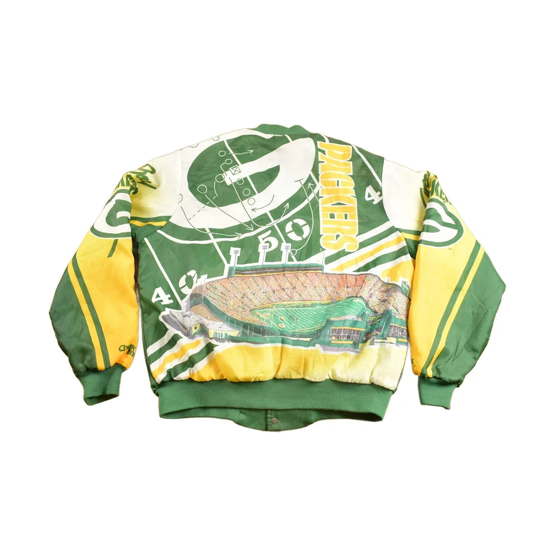 Vintage 1980s Green Bay Packers NFL Chalkline All Over Print Jacket Men's XL from propervintagecanada