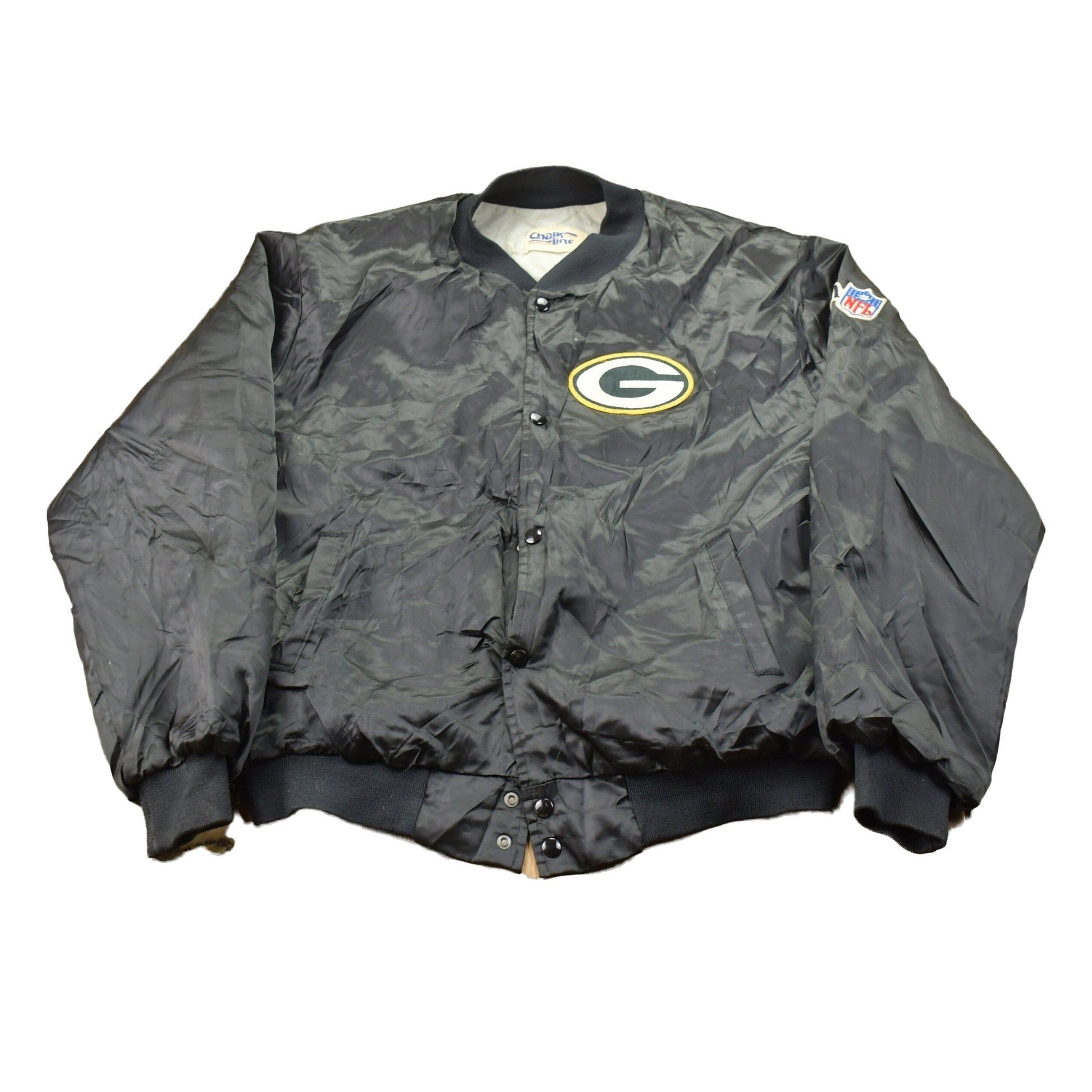 Vintage 1980s Green Bay Packers NFL Chalkline Satin Bomber Jacket Men's XL from propervintagecanada