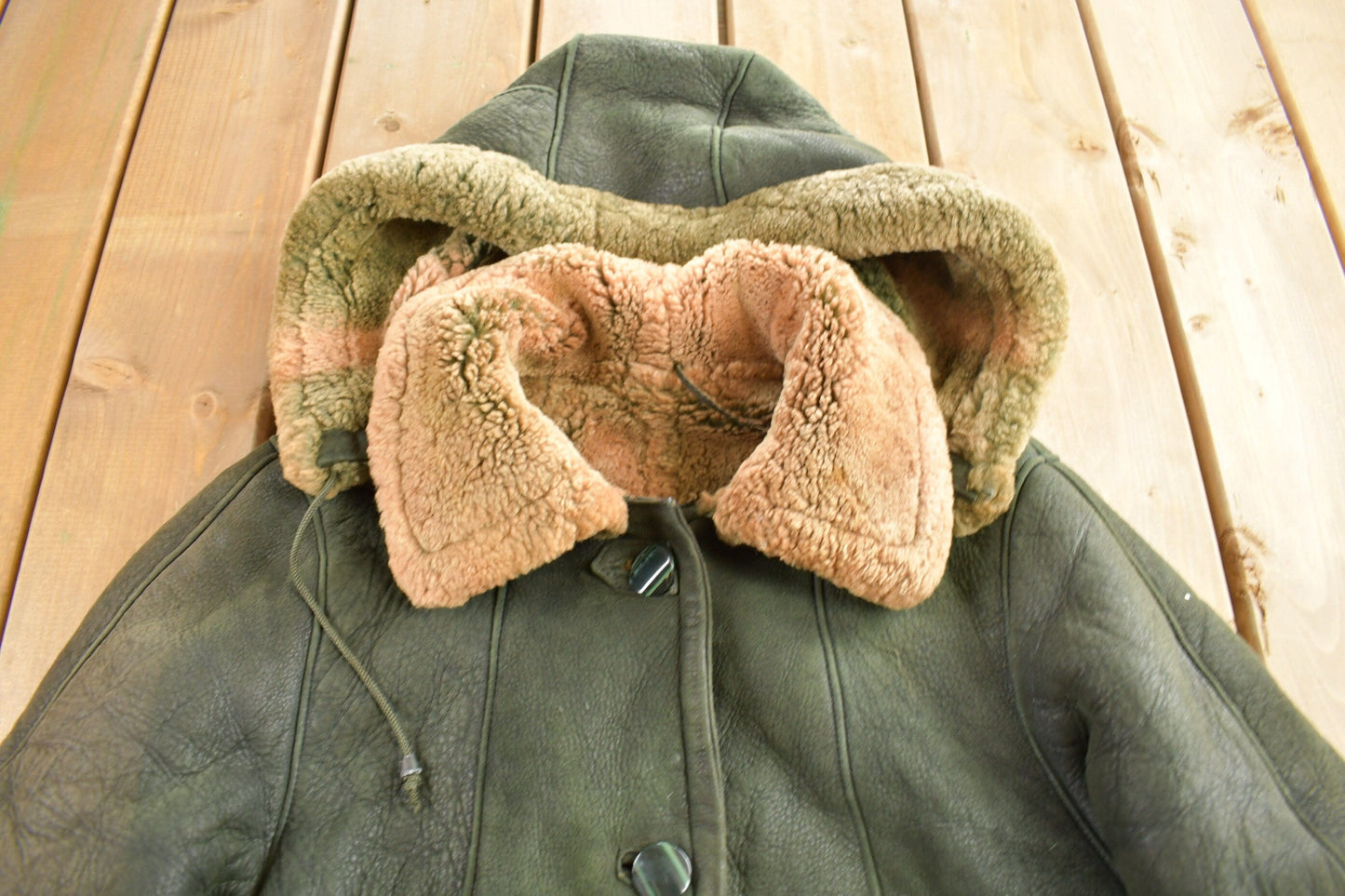 Vintage 1980s Green Shearling Leather Jacket Men's Medium from propervintagecanada