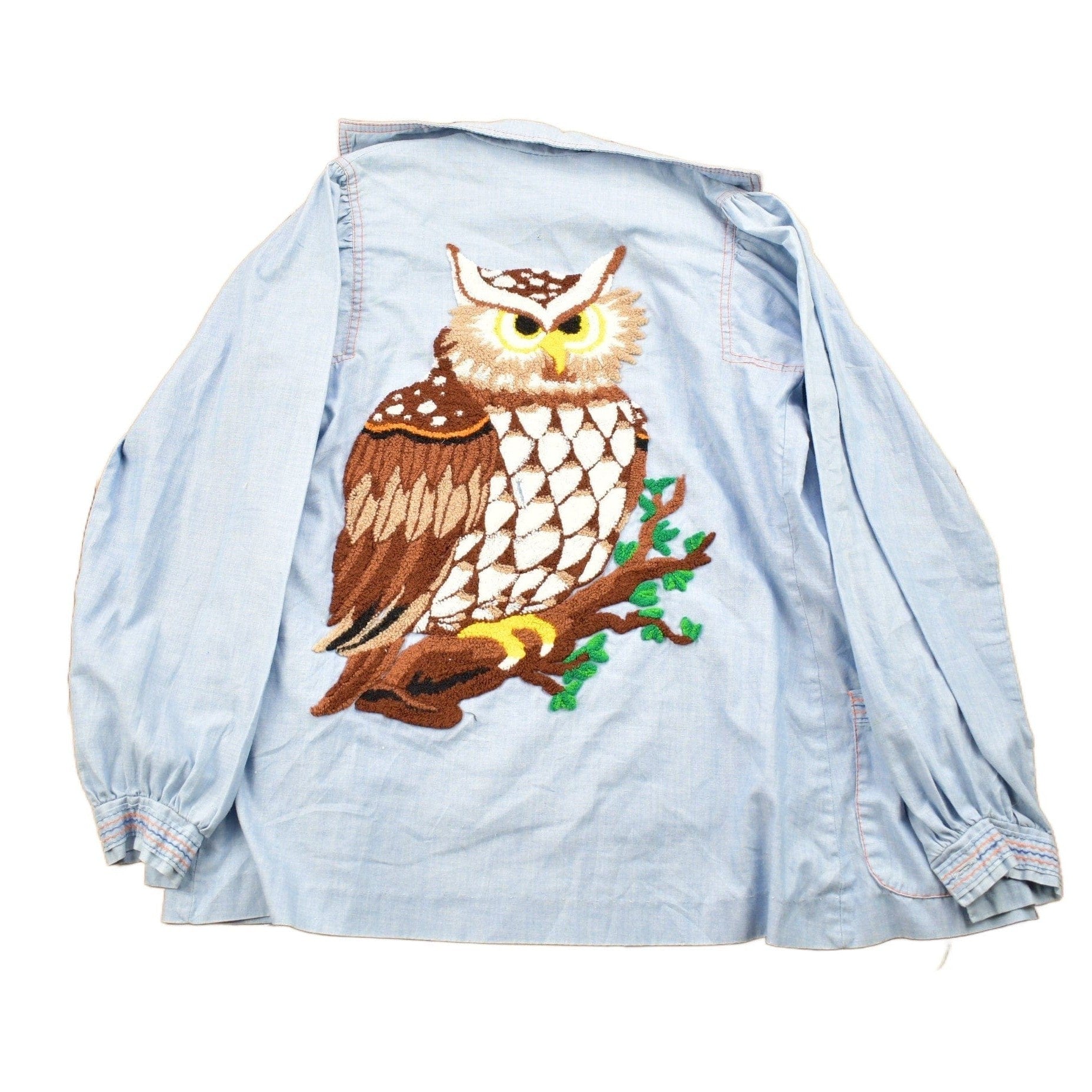 Vintage 1980s Hand Stitched Owl Theme Button Up Shirt Men's M from propervintagecanada