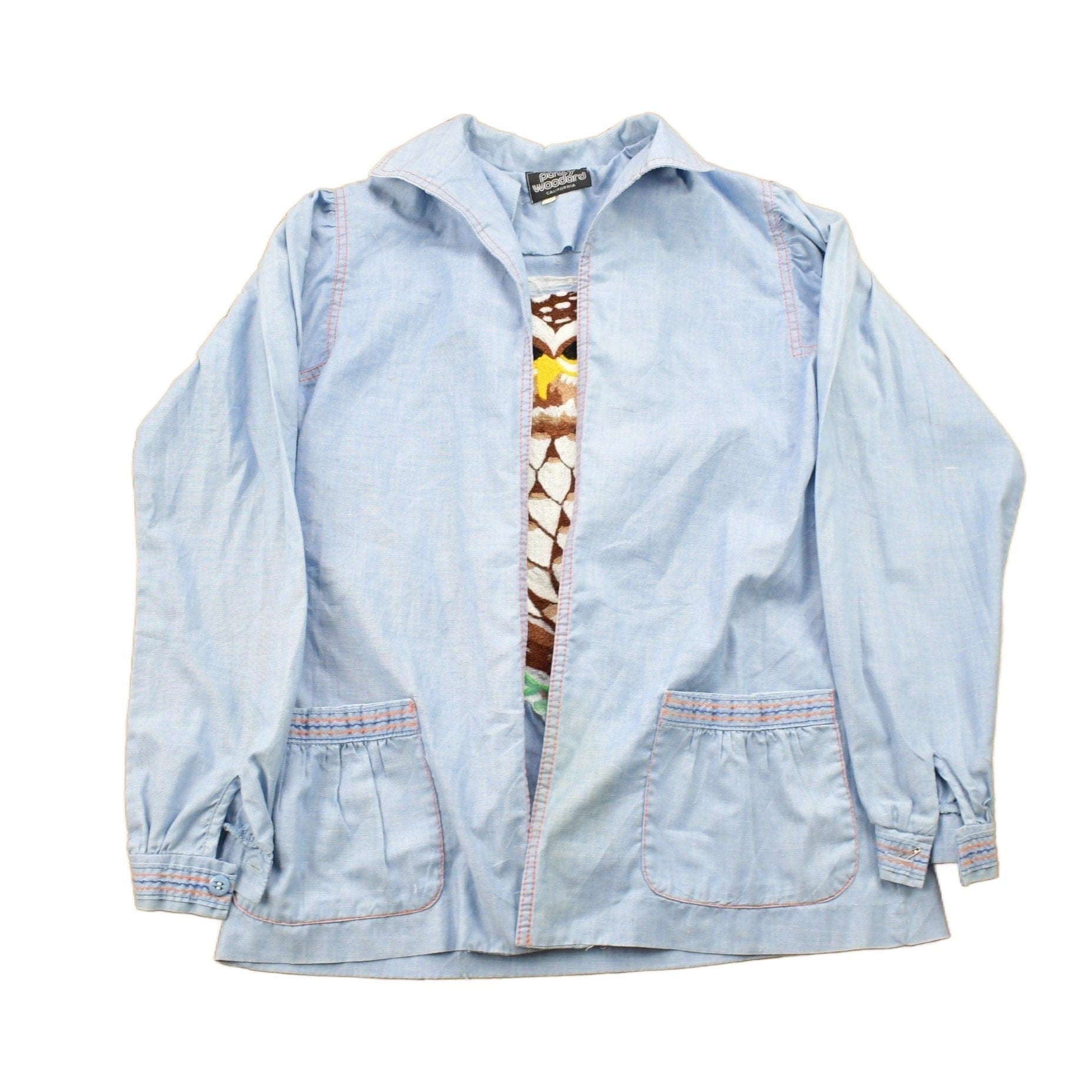 Vintage 1980s Hand Stitched Owl Theme Button Up Shirt Men's M from propervintagecanada