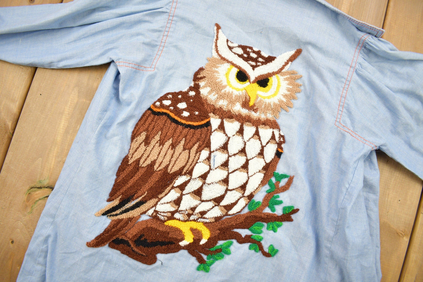 Vintage 1980s Hand Stitched Owl Theme Button Up Shirt Men's M from propervintagecanada