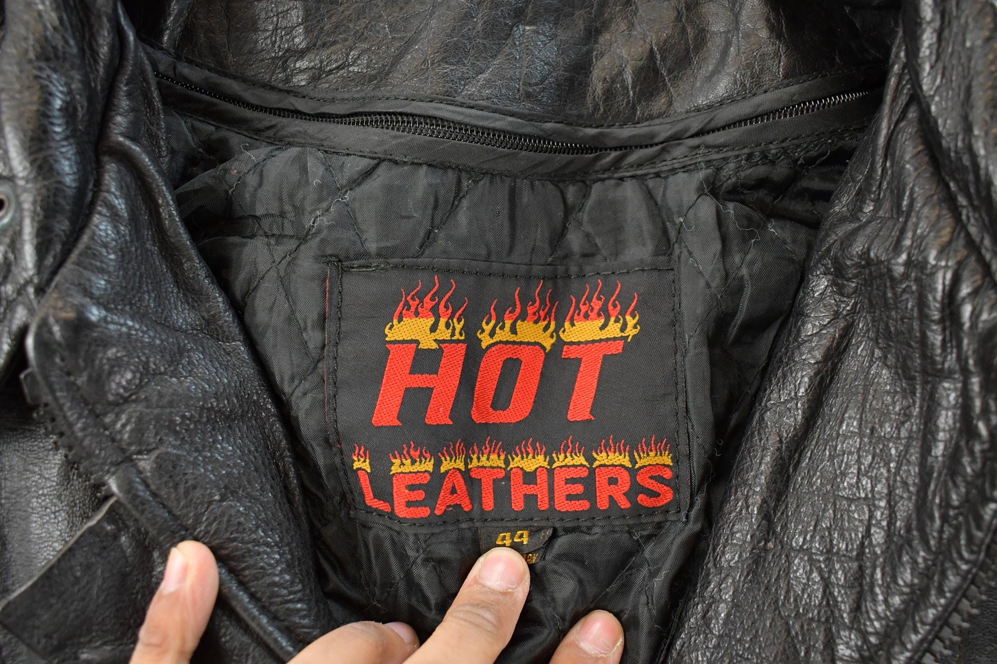 Vintage 1980s Hot Leathers Moto Cafe Racer Biker Leather Jacket Men's Large from propervintagecanada