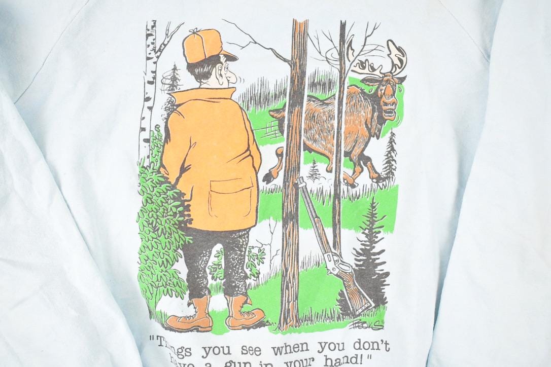 Vintage 1980s Hunters Funny Cartoon Graphic Print Crewneck Sweatshirt Men's M from propervintagecanada