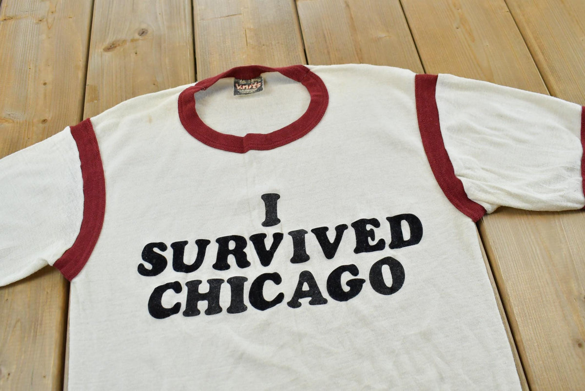 Vintage 1980s I Survived Chicago Funny Parody Souvenir Ringer T-Shirt Men's S from propervintagecanada