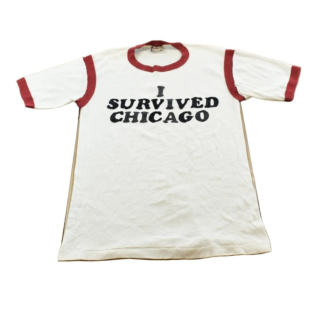 Vintage 1980s I Survived Chicago Funny Parody Souvenir Ringer T-Shirt Men's S from propervintagecanada