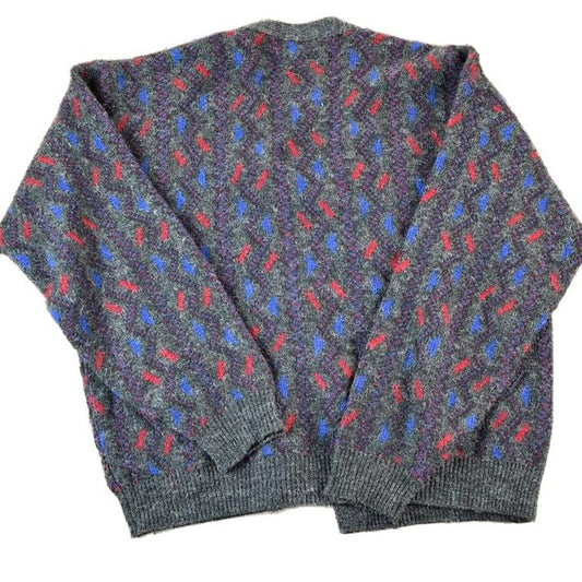Vintage 1980s Ingrams Mens Shop Knit Abstracy Pattern Perfect Mild Distress Cardigan Sweater Made In USA from propervintagecanada