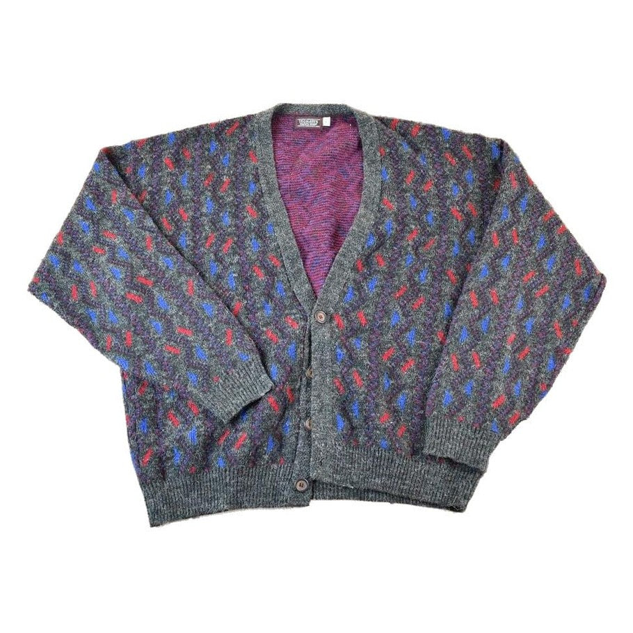 Vintage 1980s Ingrams Mens Shop Knit Abstracy Pattern Perfect Mild Distress Cardigan Sweater Made In USA from propervintagecanada