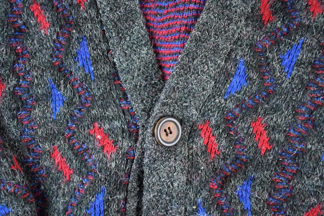 Vintage 1980s Ingrams Mens Shop Knit Abstracy Pattern Perfect Mild Distress Cardigan Sweater Made In USA from propervintagecanada
