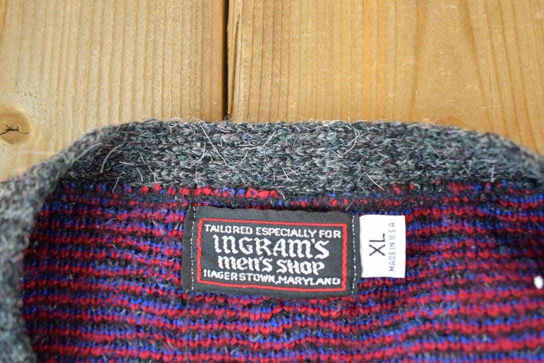 Vintage 1980s Ingrams Mens Shop Knit Abstracy Pattern Perfect Mild Distress Cardigan Sweater Made In USA from propervintagecanada