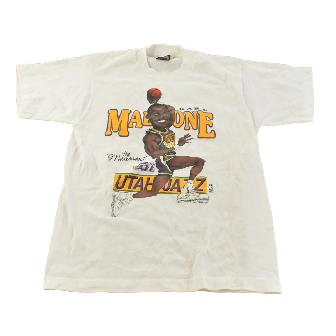 Vintage 1980s Karl Malone Utah Jazz NBA Caricature T-Shirt Mens S from propervintagecanada