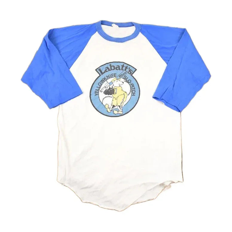 Vintage 1980s Labatts Yellowknife Slo Pitch Souvenir Baseball Raglan T-Shirt Men's M from propervintagecanada