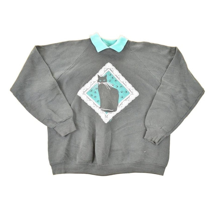 Vintage 1980s Lace Cat Collared Crewneck Sweatshirt Women's L from propervintagecanada