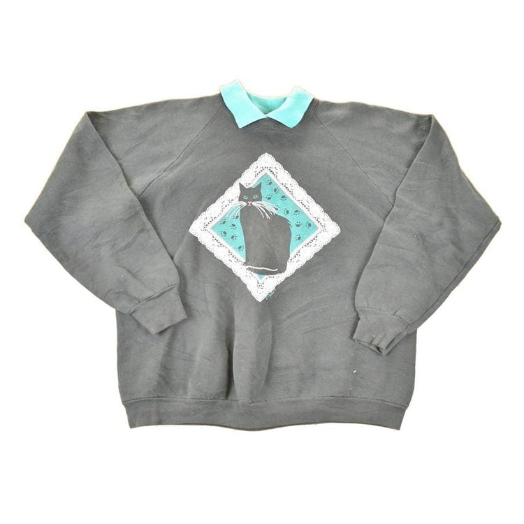 Vintage 1980s Lace Cat Collared Crewneck Sweatshirt Women's L from propervintagecanada