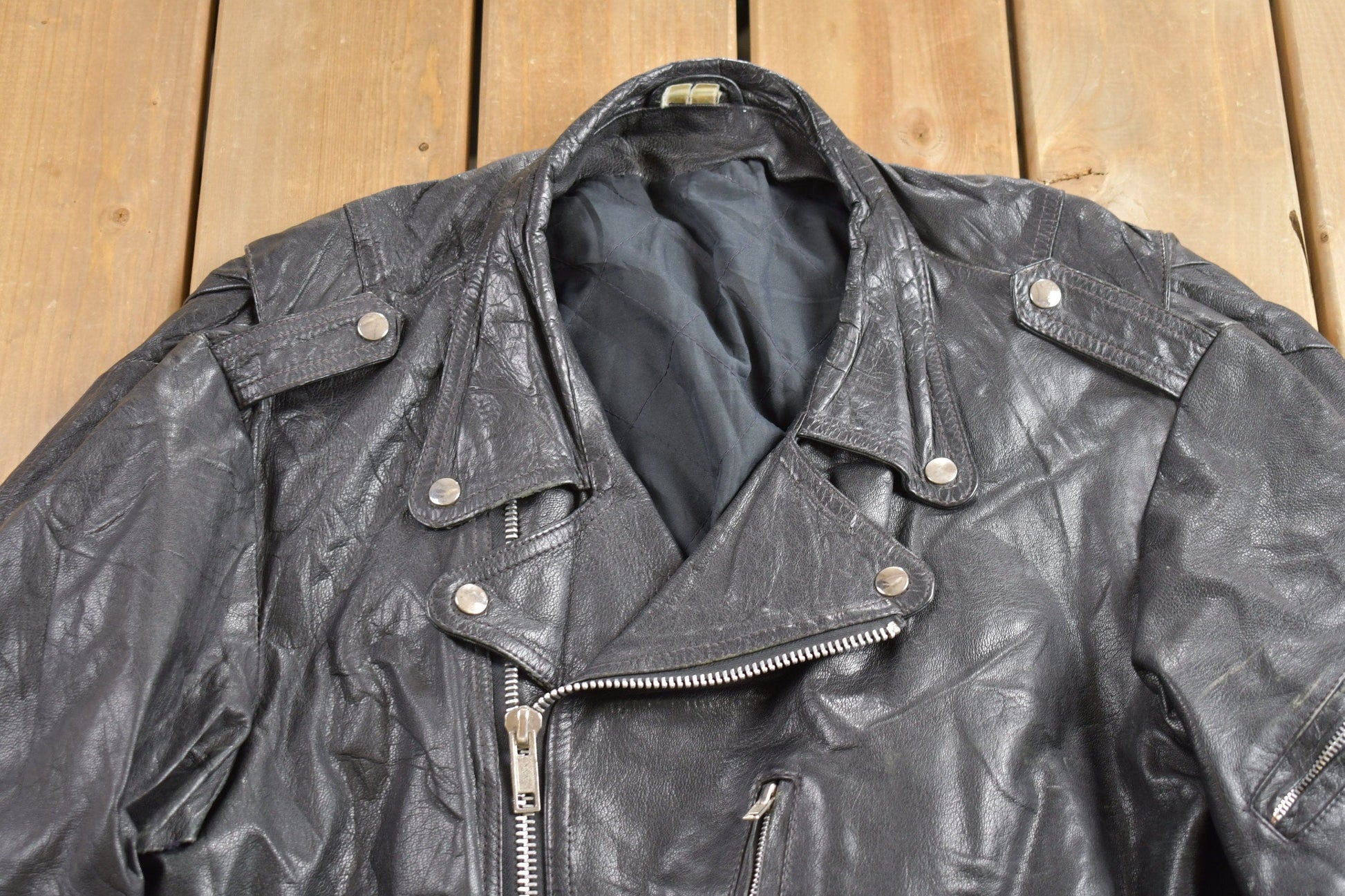 Vintage 1980s Leather Biker Jacket Men's Medium from propervintagecanada