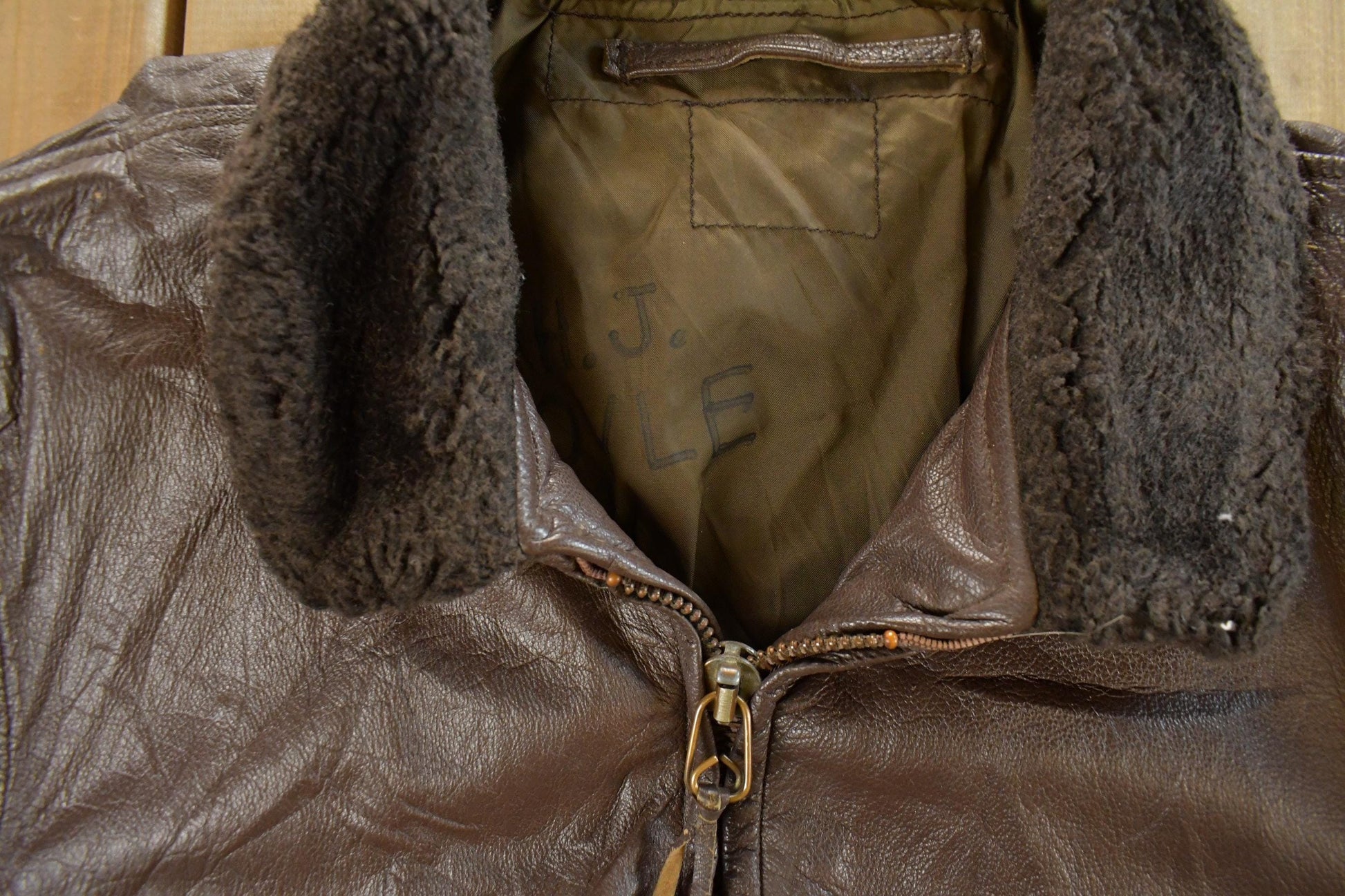 Vintage 1980s Leather Bomber Flight Jacket Men's Large from propervintagecanada