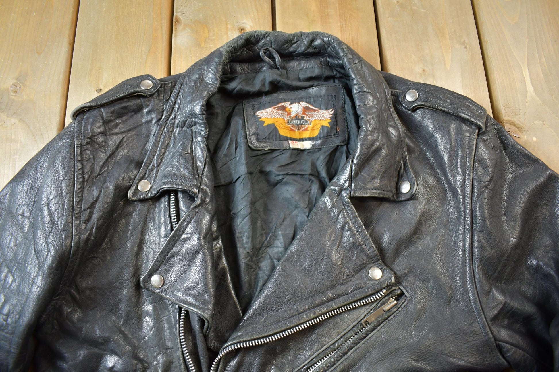 Vintage 1980s Leather Gold Biker Jacket - 44R from propervintagecanada